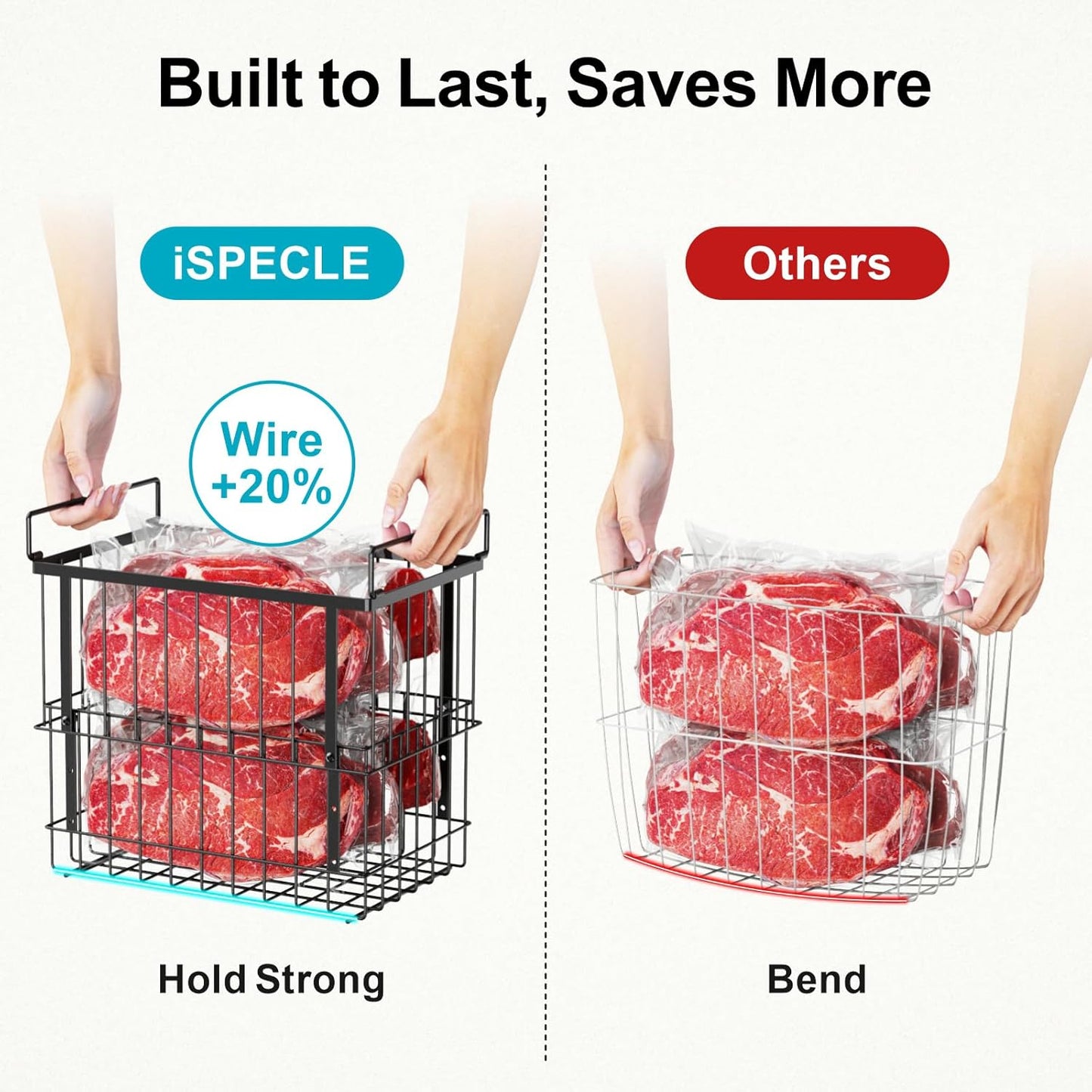 iSPECLE Freezer Organizer Bins, 2 Pack Fits 12" Pizza Adjustable for 5 to 7 Cu.Ft Chest Freezer, Extra Large Stackable Wire Baskets with Handles, Heavy Duty Storage for Bulk Meat & Frozen Food, Black