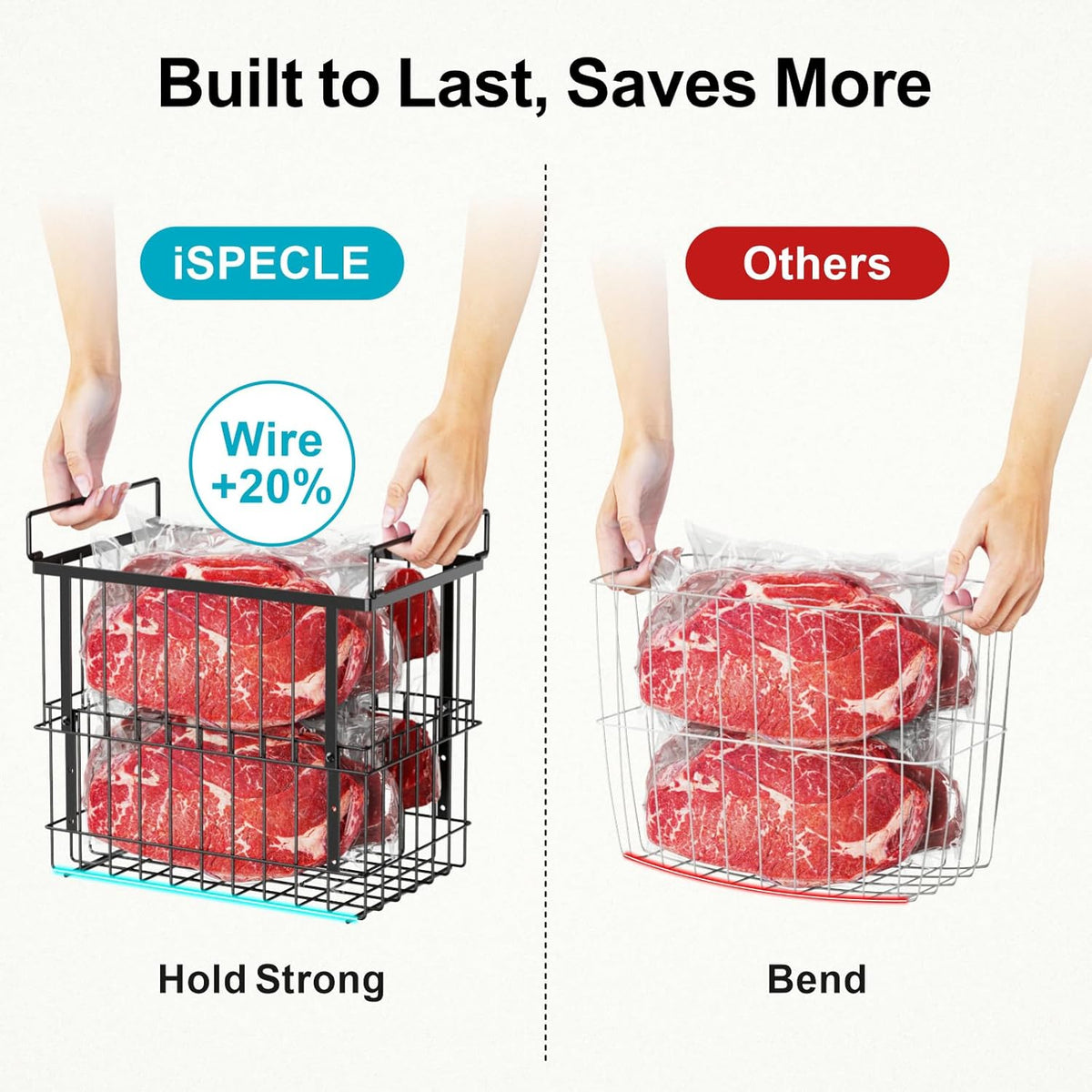 iSPECLE Deep Freezer Organizer Bins - Height-Adjustable Fit 12" Pizza, 2Pcs | Extra Large, Stackable For 5 to 7 Cu. Ft Chest Freezers, Easily Sort and Get Frozen Foods with Handles, No Digging, Black