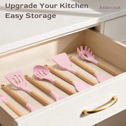 Astercook 39 PCS Kitchen Utensils Set, Silicone Cooking Utensil Sets with Wooden Handle, 446°F Heat Resistant Food Grade Spatula Set, BPA Free Kitchen Gadgets Tools Set & Spoons for Nonstick Cookware