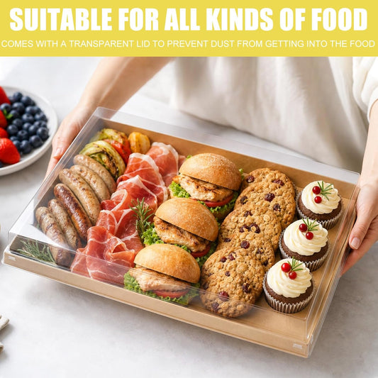 5 Pack Catering Trays with Lids, 11.8"x8.5" Serving Trays with Lid, Disposable Paper Charcuterie Board with Clear Lids for Lightweight Food Meal Prep, Potlucks, Sandwiches, Cake and Buffet
