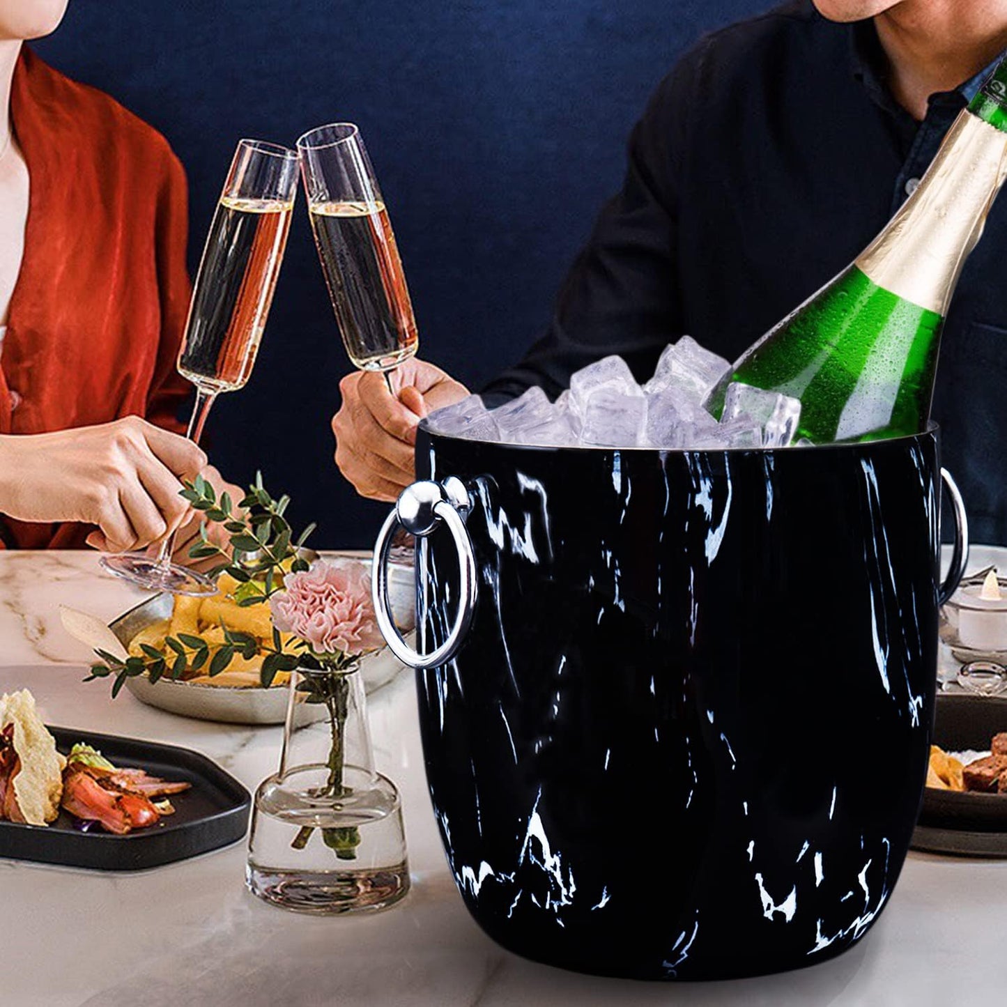 Ice Bucket with Lid, Scoop, Tongs and Strainer - Well Made Insulated Stainless Steel Keep Ice Frozen Longer - Ideal for Cocktail Bar, Parties, Chilling Wine, Champagne - 3 Liter (Stainless Steel)