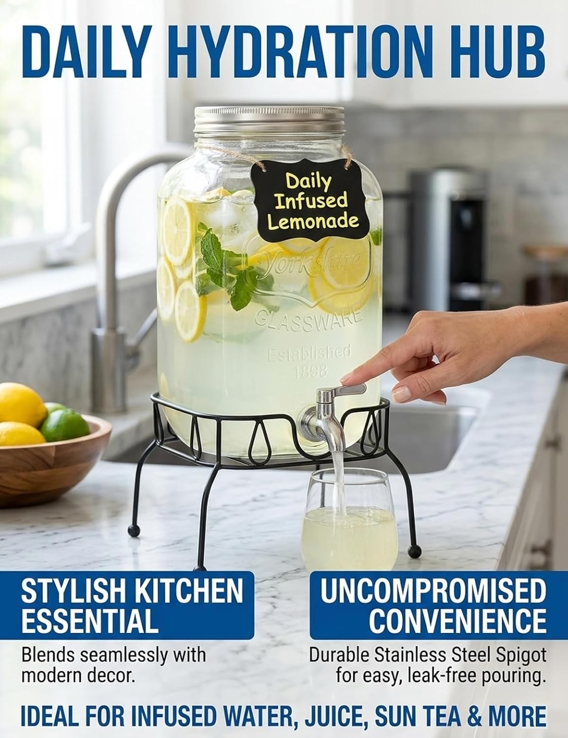 2 Gallon Glass Drink Dispenser with Stand, Ice Cylinder,Stainless Steel Leakproof Spigot and Lid,Glass Beverage Dispenser for Parties,Mason Jar Drink Dispenser for Juice,Sun Tea,Water,Lemonade & More