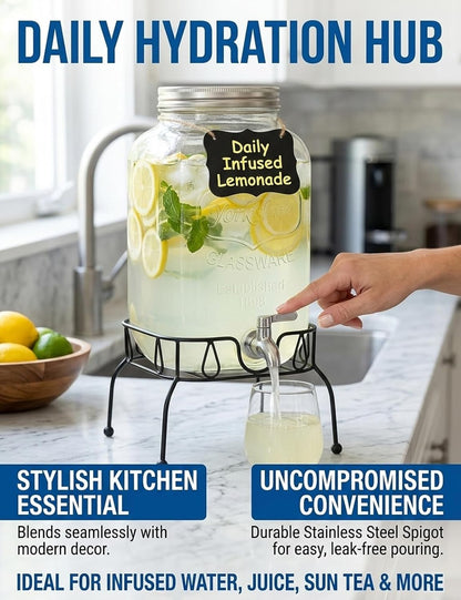 2 Gallon Glass Drink Dispenser with Stand, Ice Cylinder,Stainless Steel Leakproof Spigot and Lid,Glass Beverage Dispenser for Parties,Mason Jar Drink Dispenser for Juice,Sun Tea,Water,Lemonade & More