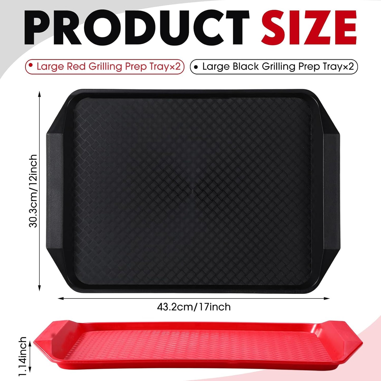 DoubleFill Set of 4 Grilling Prep and Serve Trays, 17x12 Inch 14x10 Inch Large BBQ Platter for Raw and Cooked Food Plastic Grill Tray, Black and Red Stackable Defrosting Grill Prep and Carry System