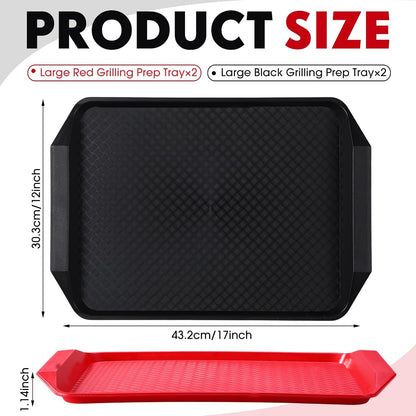 DoubleFill Set of 4 Grilling Prep and Serve Trays, 17x12 Inch 14x10 Inch Large BBQ Platter for Raw and Cooked Food Plastic Grill Tray, Black and Red Stackable Defrosting Grill Prep and Carry System