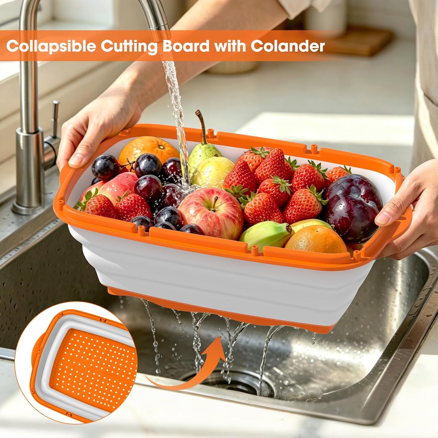 Gintan Collapsible Camping Cutting Board, 9-in-1 Chopping Board with Colander, Kitchen Vegetable Washing Basket for Camping, Camping Gifts Camping Accessories for RV Campers (Blue+Grey)