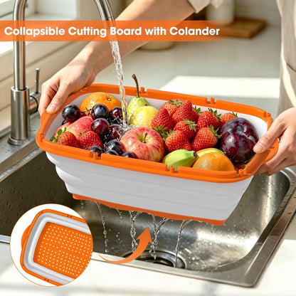 Gintan Collapsible Camping Cutting Board, 9-in-1 Chopping Board with Colander, Kitchen Vegetable Washing Basket for Camping, Camping Gifts Camping Accessories for RV Campers (Blue+Grey)