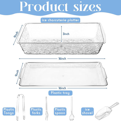 Baderke 16" x 9" Chilled Serving Tray for Parties with lids Compartments Ice Chilled Party Platter Charcuterie Serving Board Cold Dish Dip with Tongs for Fruit Seafood Vegetable (Dark Wood)