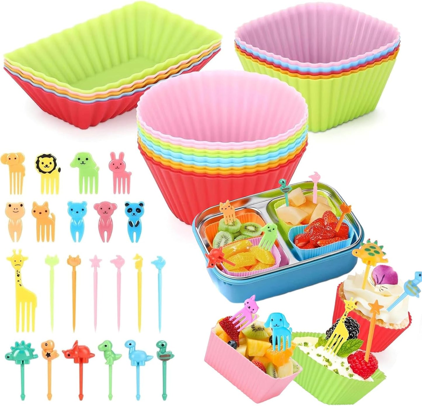 Axlksia 80 Pcs Silicone Lunch Box Dividers Set, Reusable Cupcake Liners for Baking, Colorful Lunch Bento Box Accessories with Cute Animal Food Picks (20 Cupcake Liners + 60 Animal Picks)