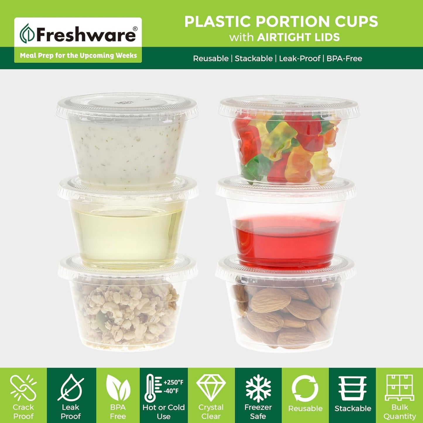 Freshware Plastic Portion Cups with Lids [2 Ounce, 200 Sets] Disposable Plastic Cups for Meal Prep, Salad Dressing, Jellos Shot Cups, Souffle Cups, Condiment and Dipping Sauce Cups
