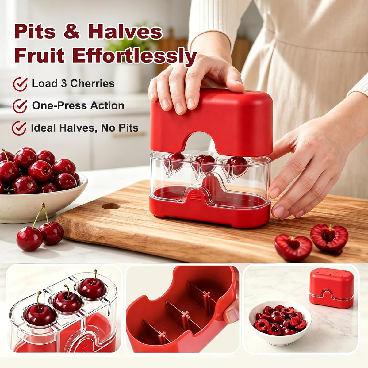 Cherry Pitter and Slicer, 3-Cherry Pit Remover Tool, Red