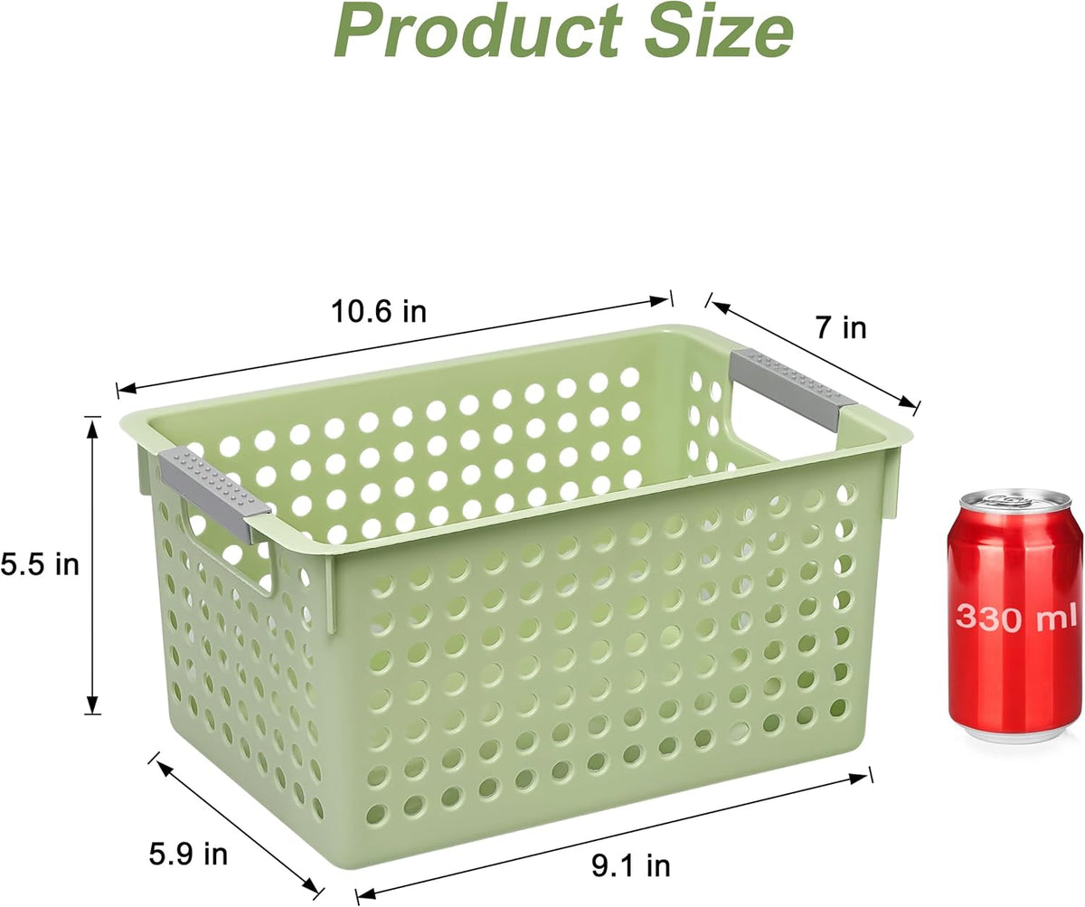 Soddeph 4 Pack Plastic Storage Basket with Handles, Small Deep Organizer Bin with Hollow Design for Under Counter, Shelf, Closet, Kitchen or Bathroom (White, Small)