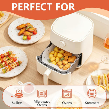 185PCS Bamboo Steamer Liner, 10 Inch White Air Fryer Liners, Non-stick Perforated Steamer Paper for Skillets, Microwave Ovens, Ovens, Steamers