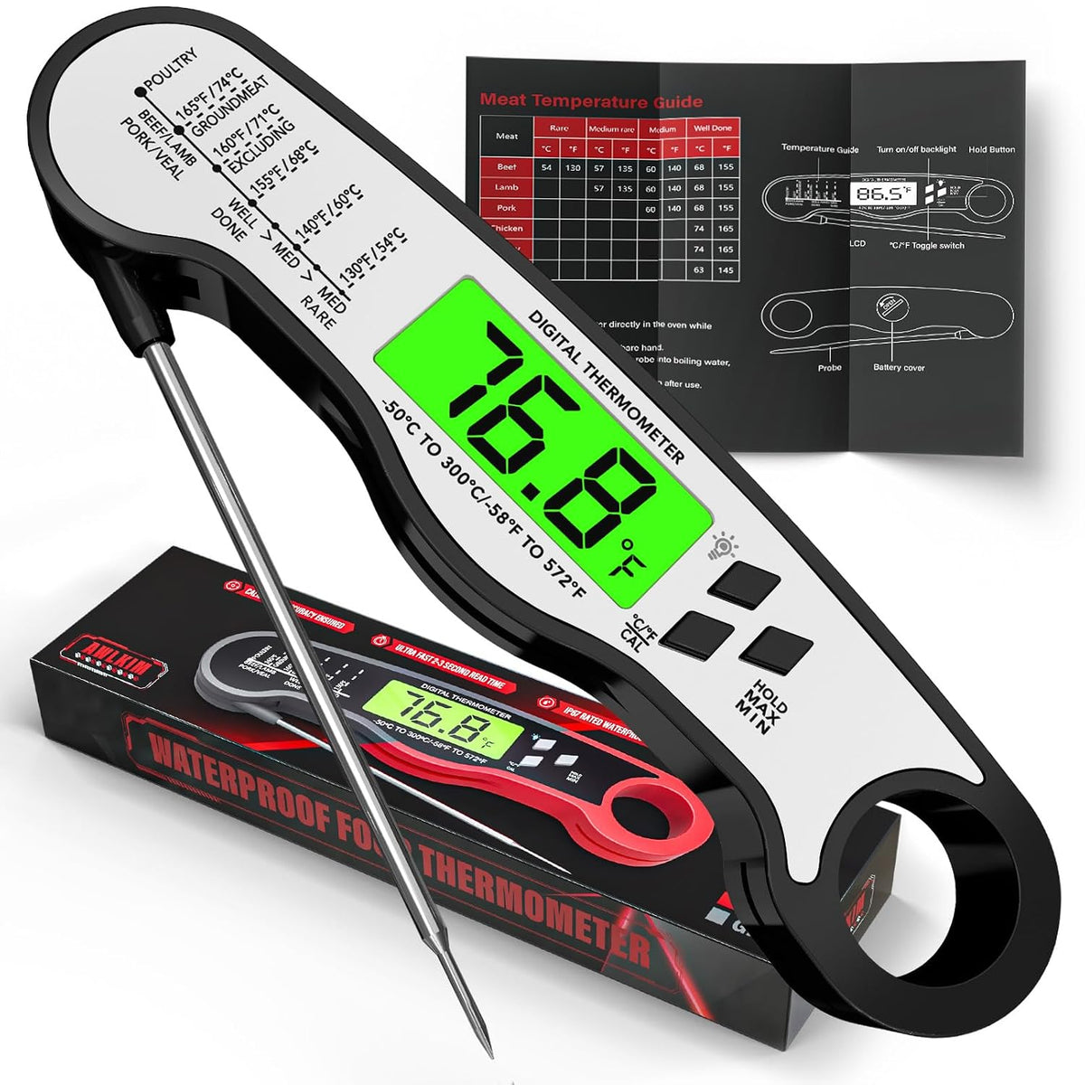 AWLKIM Meat Thermometer Digital, Instant Read Food Thermometer, Red