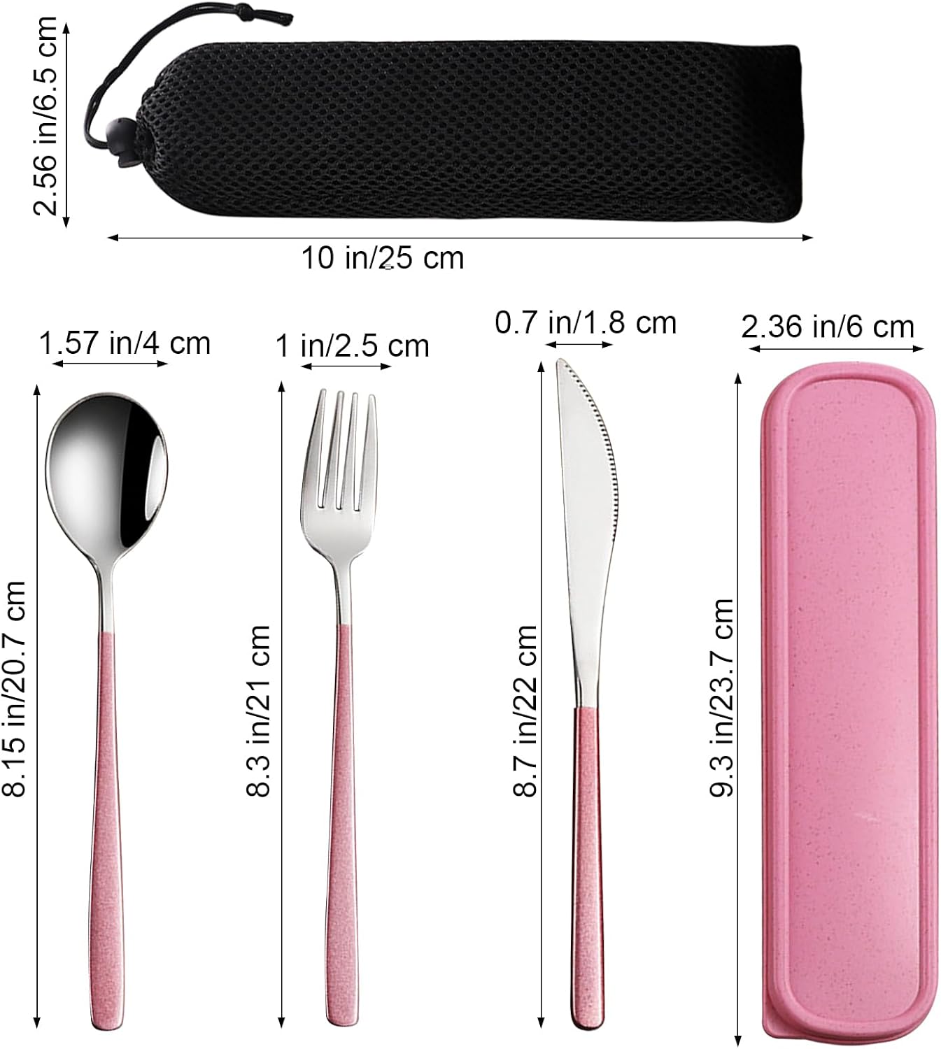 VANRA 4-Piece Portable Travel Utensils Set with Case 18/8 Stainless Steel Flatware Set Reusable Cutlery Set with Fork Spoon Knife Chopstick for Lunch Travel Camping School Work Picnic (Pink)