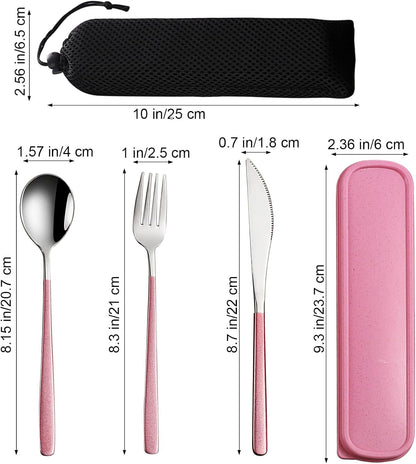 VANRA 4-Piece Portable Travel Utensils Set with Case 18/8 Stainless Steel Flatware Set Reusable Cutlery Set with Fork Spoon Knife Chopstick for Lunch Travel Camping School Work Picnic (Pink)