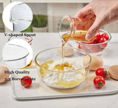 3 Piece Glass Measuring Cup Set, Includes 1/2-Cup, 1-Cup, and 2-Cup High Borosilicate Glasss Liquid Measuring Cups, Dishwasher, Freezer, Microwave, and Preheated Oven Safe, Essential Kitchen Tools