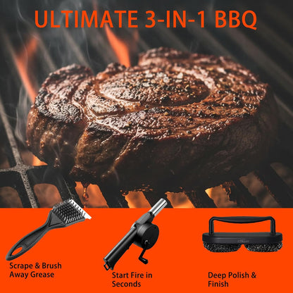 3 Pack Grill Brush for Outdoor Grill Set,Cleaning Kit Tools Heavy Duty Stainless Steel Scraper Scrubber Hand Crank Air Blower Fan Gas Charcoal Smoker Grates Camping BBQ Accessories