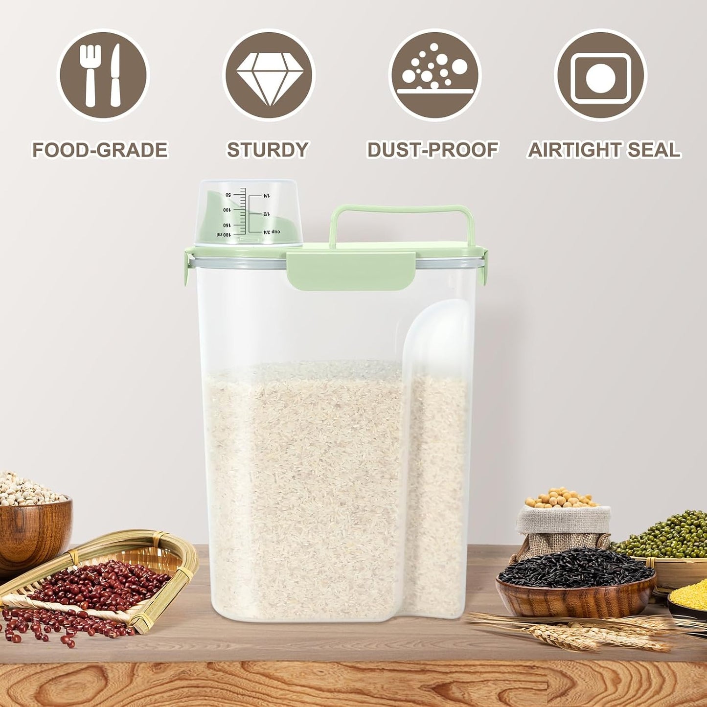 TBMax Rice Container 10 Lbs, Cereal Container Oatmeal Storage, Airtight Food Dispenser with Easy-pouring Spout & Handy Cup for Flour Grain Beans, Pet Dog Cat Bird Food Storage Container