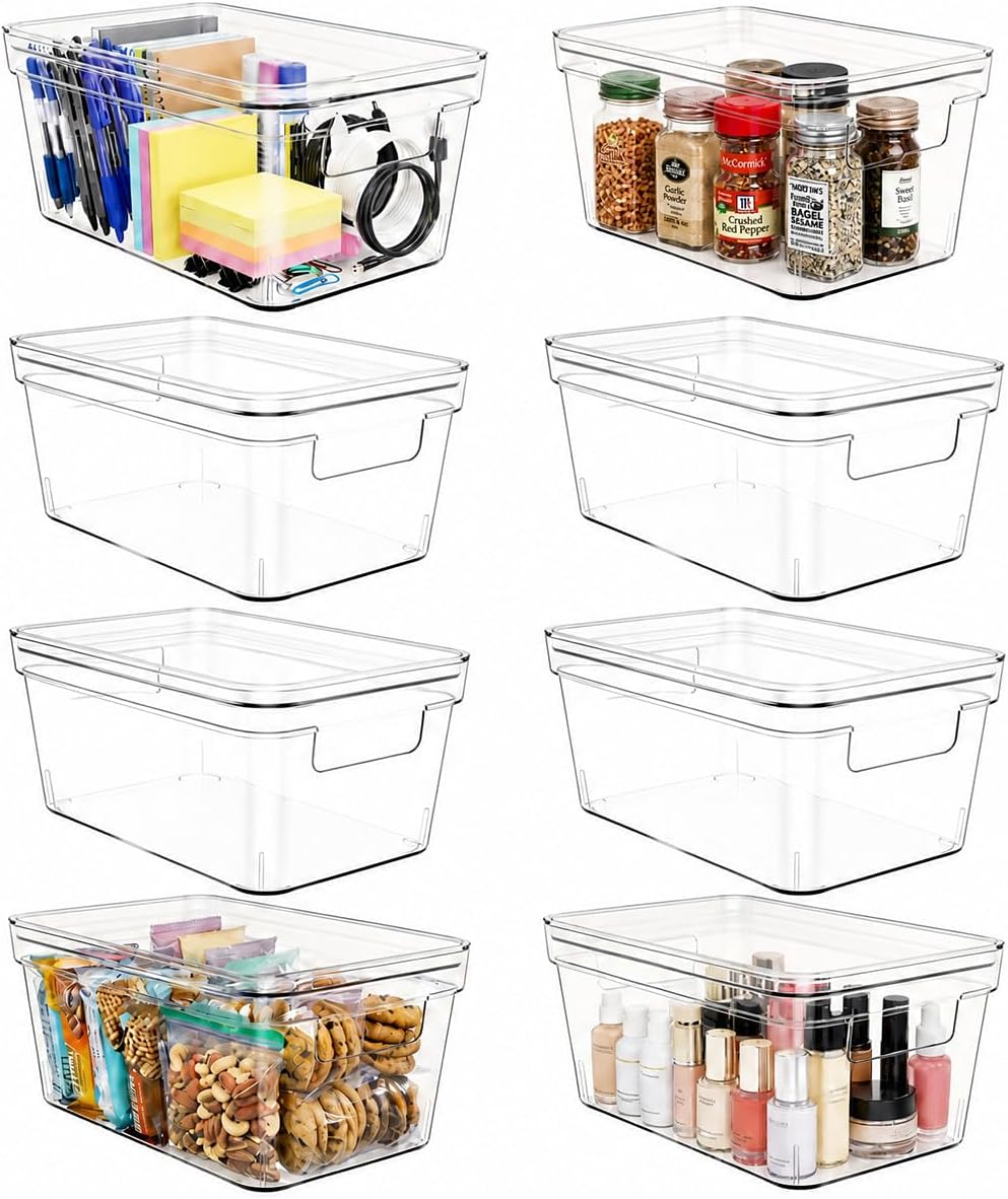 MOONEDGE 4-Pack 10x6x5 Stackable Small Clear Storage Bins with Lids | Plastic small item organizer containers with handles for vanity, craft, office, fridge, kitchen, pantry, bathroom and closet