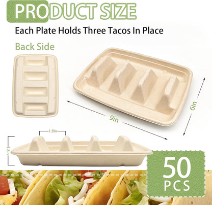 50 Pcs Disposable Taco Holders for Party, Premium Paper Taco Plates with 3 Dividers, Fiesta Taco Holder Trays Stand Rack Serving Set for Taco Tuesday Taco Bar
