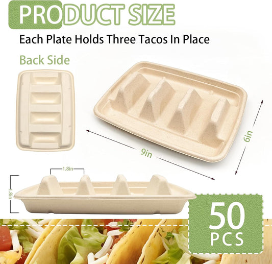 50 Pcs Disposable Taco Holders for Party, Premium Paper Taco Plates with 3 Dividers, Fiesta Taco Holder Trays Stand Rack Serving Set for Taco Tuesday Taco Bar