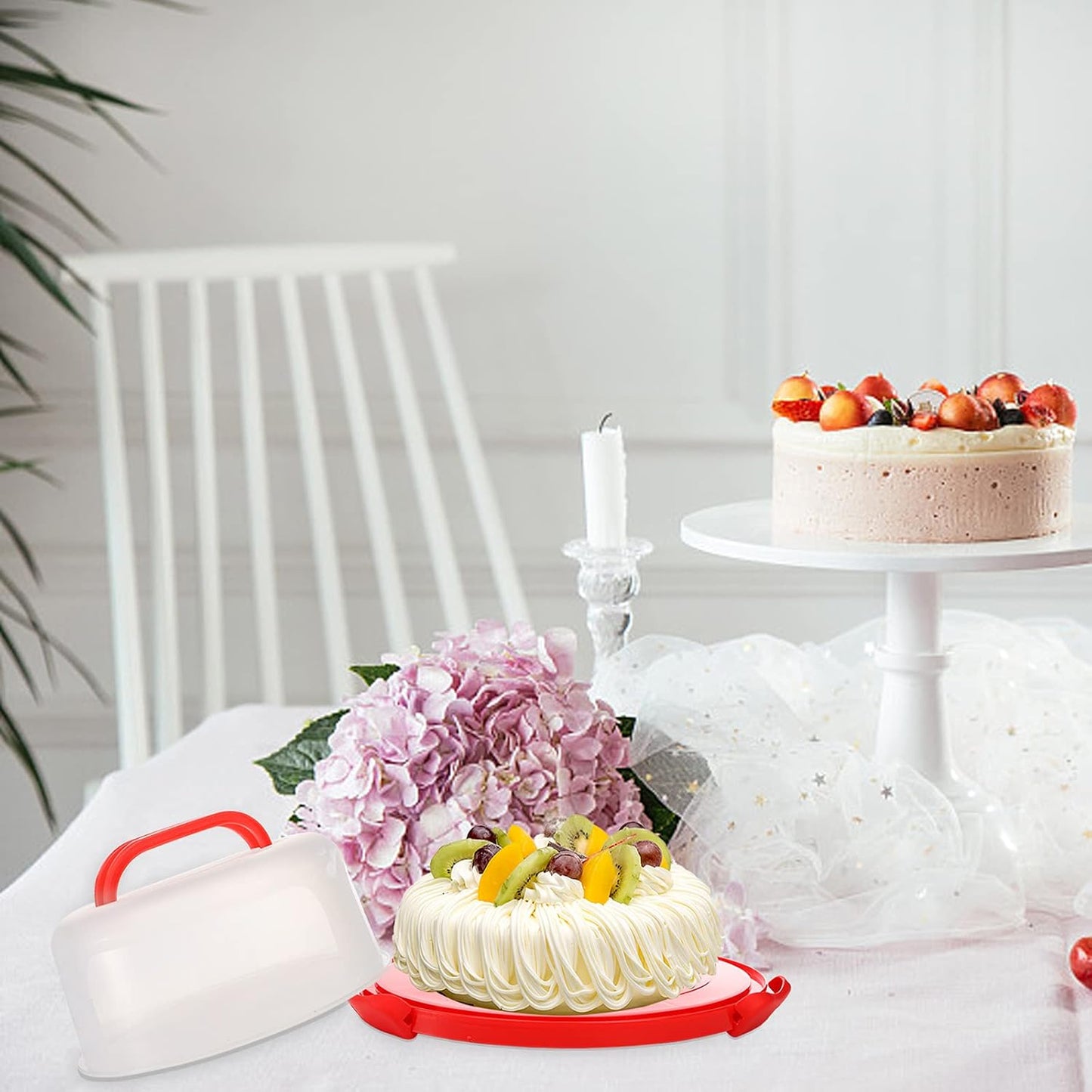 Yesland Cake Carrier with Collapsible Handle - Plastic Red Cake Container and Holder with Lid - Portable Round Cake Cover for 10 inch Cake, Pies, Cookies, Nuts, Muffins and Fruit