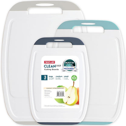 Neoflam Microban Protection Cutting Board 3 Piece Set, Stain & Odor/BPA Free, Reversable Board, Upgraded Larger Juice Groove, Non-Slip EZ Grip Handle, Dishwasher Safe, Pastel