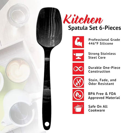 Silicone Marbled Spatula Set of 6, Black | 446F Heat-Resistant, One-Piece Steel Core, Non-Stick, Dishwasher Safe
