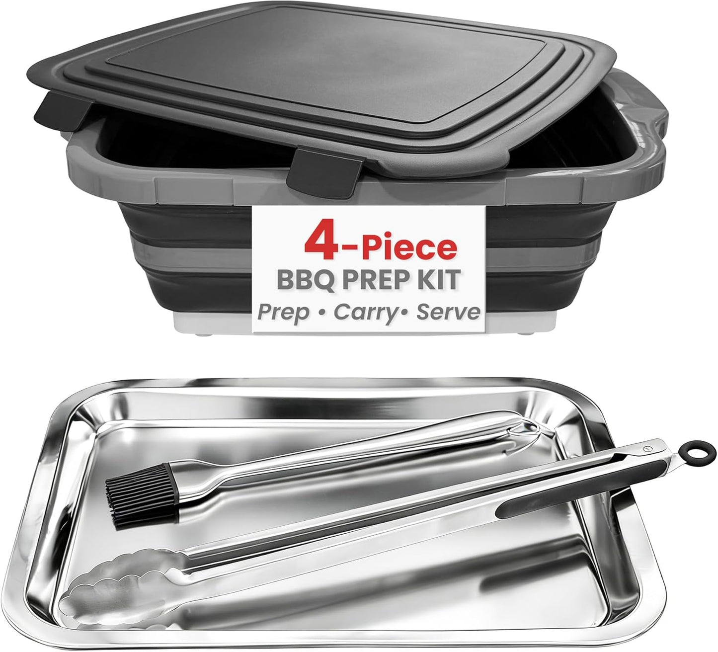 16L Collapsible BBQ Prep Tub Set with Lid, Tray, Tongs & Brush | Prep, Marinate, Carry, Grill & Serve Food in One Organized BBQ System