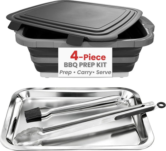 16L Collapsible BBQ Prep Tub Set with Lid, Tray, Tongs & Brush | Prep, Marinate, Carry, Grill & Serve Food in One Organized BBQ System