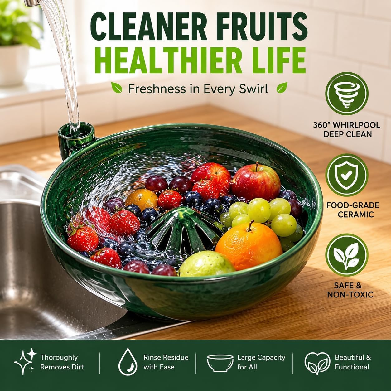 Self Spinning Berry Washing Bowl, Berry Bowls with Holes Ceramic, Fruit Washer Spinner with Strainer and Colander, Handmade Multipurpose Washing Cleaner for Cleaning Berries, Vegetables (1 set)