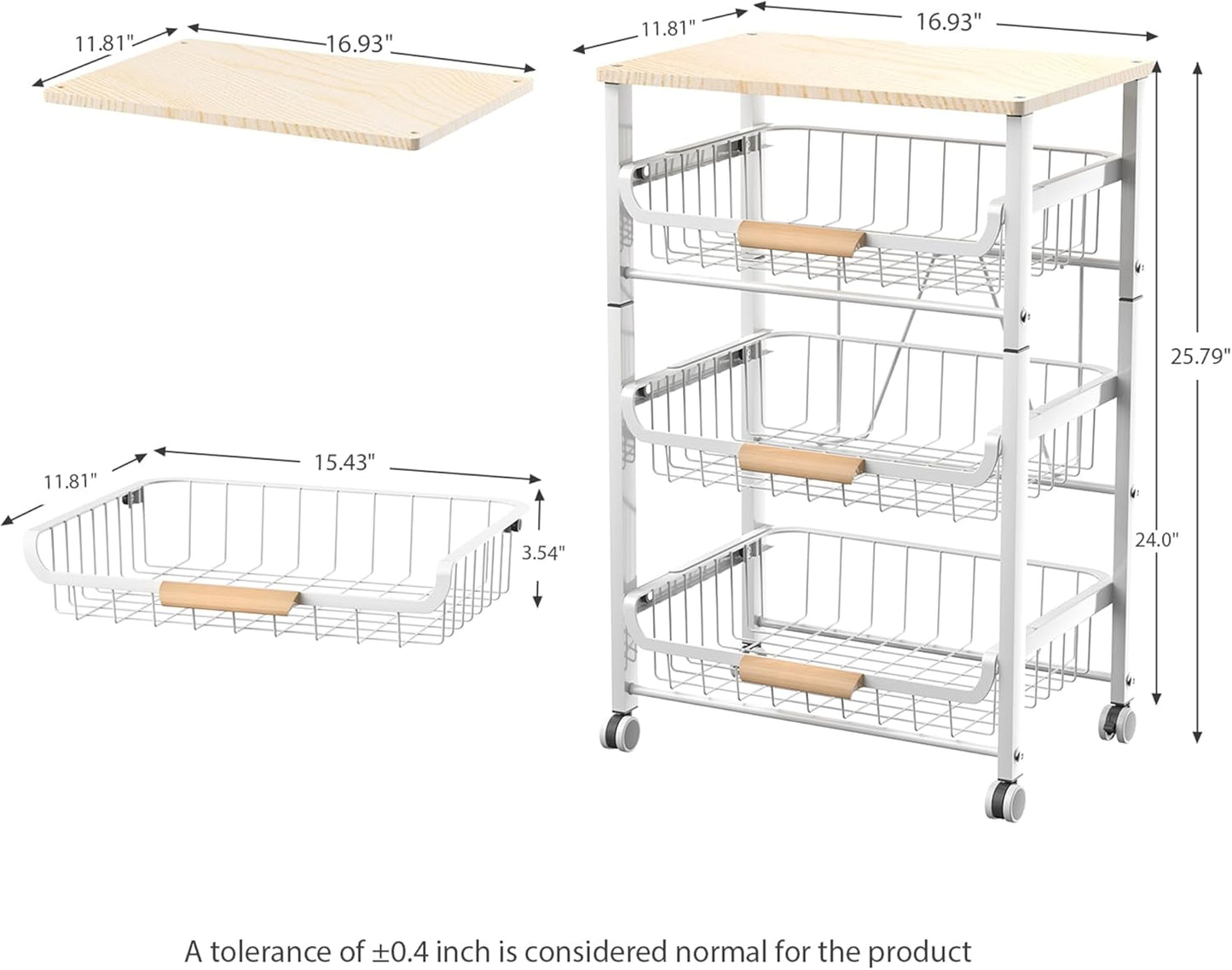 JAQ Slide Out Fruit Vegetable Basket for Kitchen, 4-Tier Rolling Storage Cart with Wooden Handle & Top, Metal Wire Produce Rack for Pantry Organization, Onion Potato Storage Bins for Small Space,White
