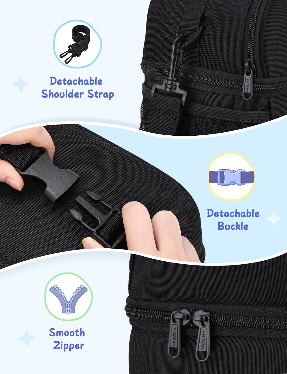 VASCHY Lunch Box Bag for Kids, Insulated Double Compartments Cooler Lunch Tote for Toddlers Boys Girls School/Daycare/Picnic Black Dinos
