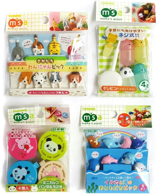 Torune Food Picks Bento Lunch - Sea Animal/Dog and Cat/Mini Container/Soy Sauce Case - 4 Kinds Set (Multi 4pc - A)