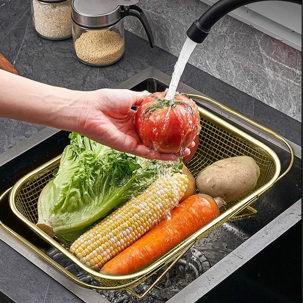 Over the Sink Colander, Expandable Baskets with Fine Mesh Strainer Handle Stainless Steel Rectangle Kitchen Colanders for Strain Drain Rinse Fruits Vegetables Pasta New Home Essentials (Silver)