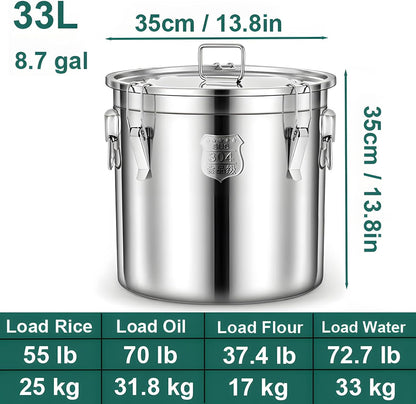 3.2Gal 304 Stainless Steel Kitchen Airtight Canister, 405oz Flour Container with Lid and Locking Clamp,10-21Lbs Metal Bucket Food Storage Container for Rice Flour Grain Coffee Bean(12L)