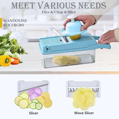 Vegetable Chopper Dicer with Container | Cheese Grater Mandoline Slicer Cabbage Shredder French Fry Cutter Stainless Steel for Veggie Onion Potato Fruit Food, Manual Hand Cooking Gadget for Kitchen