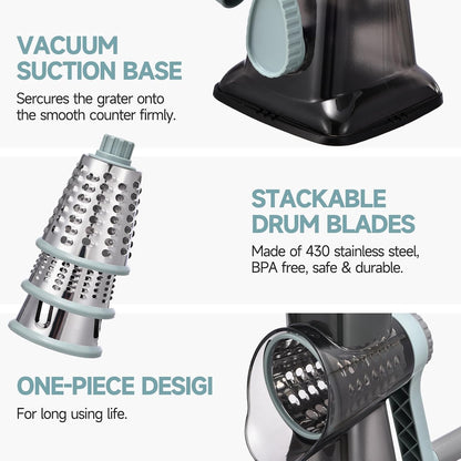 Rotary Cheese Grater with Handle Kitchen Shredder Slicer Grater Slicer Ice Shaver Cheese Vegetable Nuts Potato Zucchini Chocolate 3 Interchangeable Blades (GreyBlue