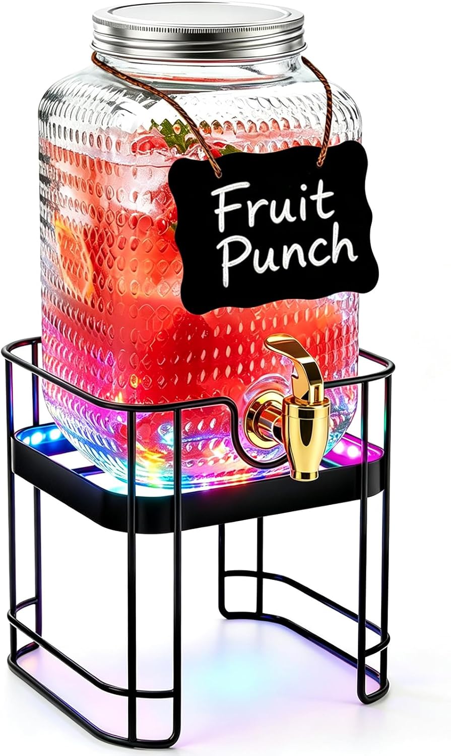 PAROTO Glass Drink Dispensers for Parties, 2 Pack 1 Gallon Each Beverage Dispenser with Stand and LED Strip Light, Juice Lemonade Water Dispenser with Spigot for Wedding, Bar, Picnic, BBQ, Buffet