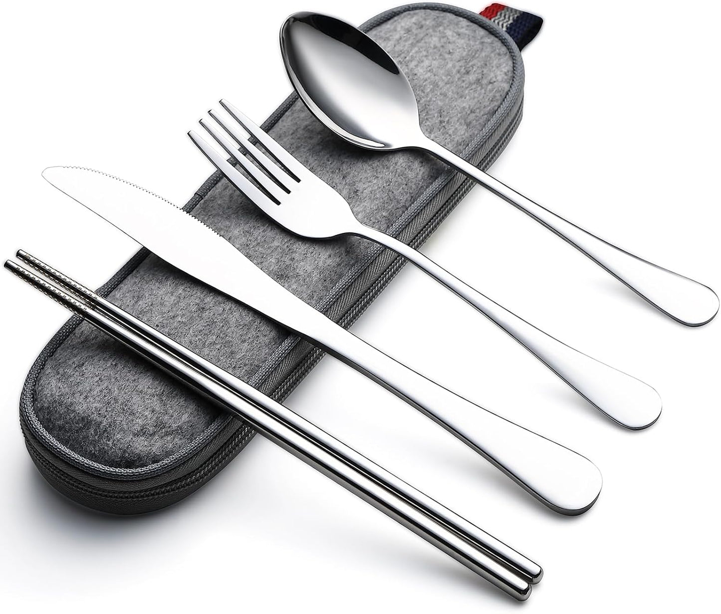 DEVICO Camping Utensils, Full-Size Reusable Silverware for Lunch Adult, Stainless Steel Travel Cutlery Set with Case, Portable Fork Spoon Knife Set for Work, Flatware with Chopsticks (Rainbow)