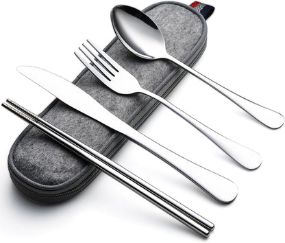 DEVICO Camping Utensils, Full-Size Reusable Silverware for Lunch Adult, Stainless Steel Travel Cutlery Set with Case, Portable Fork Spoon Knife Set for Work, Flatware with Chopsticks (Rainbow)