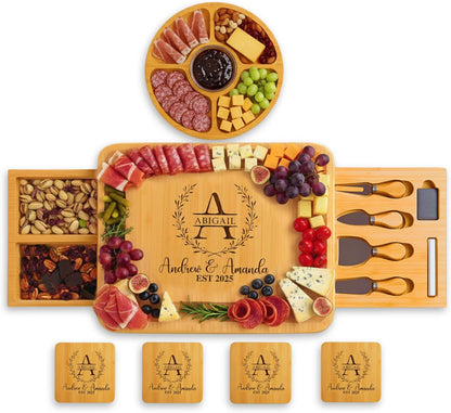 Personalized Bamboo Charcuterie Board Set with Accessories – Custom Large Serving Tray with Knives for Wedding, Anniversary, Bridal Shower, Women, Housewarming, Engagement, Couples, Mother’s Day Gifts
