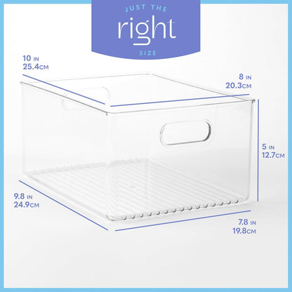 Plastic Food Storage 4 Pack Clear Container Bin with Handles for Organizing Kitchen, Pantry, Refrigerator, Freezer, Pantry, Cabinet, Closet, Bathroom. Stackable 10”x6”x3”