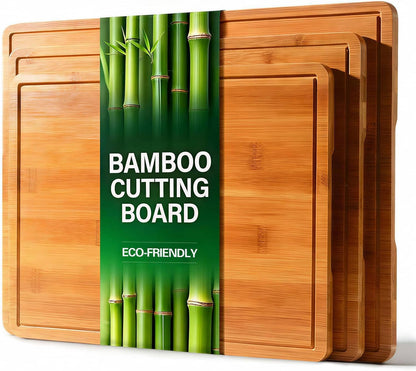 Zarler Bamboo Cutting Boards for Kitchen, 3 Piece Durable Wood Cutting Board with Juice Grooves and Handles, Wooden Chopping Board Set for Meal Prep, XL Size, Ideal Kitchen Gift