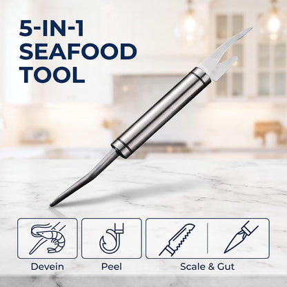 Shrimp Deveining Tool, 2025 New 5 in 1 Multifunctional Shrimp Line Fish Maw Knife with Cleaning Cloth, 304 Stainless Steel Shrimp Peeler, Fish Scale Remover, Kitchen Fish and Shrimp