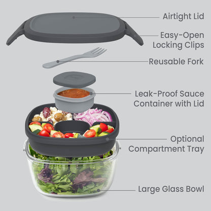 Bentgo Glass Salad Container - 7.6-Cup Salad Bowl with Airtight Lid, Leak-Proof Sauce Container, 4-Compartment Bento Tray & Reusable Fork - BPA-Free for Meal Prep, Office & More (Light Blue)