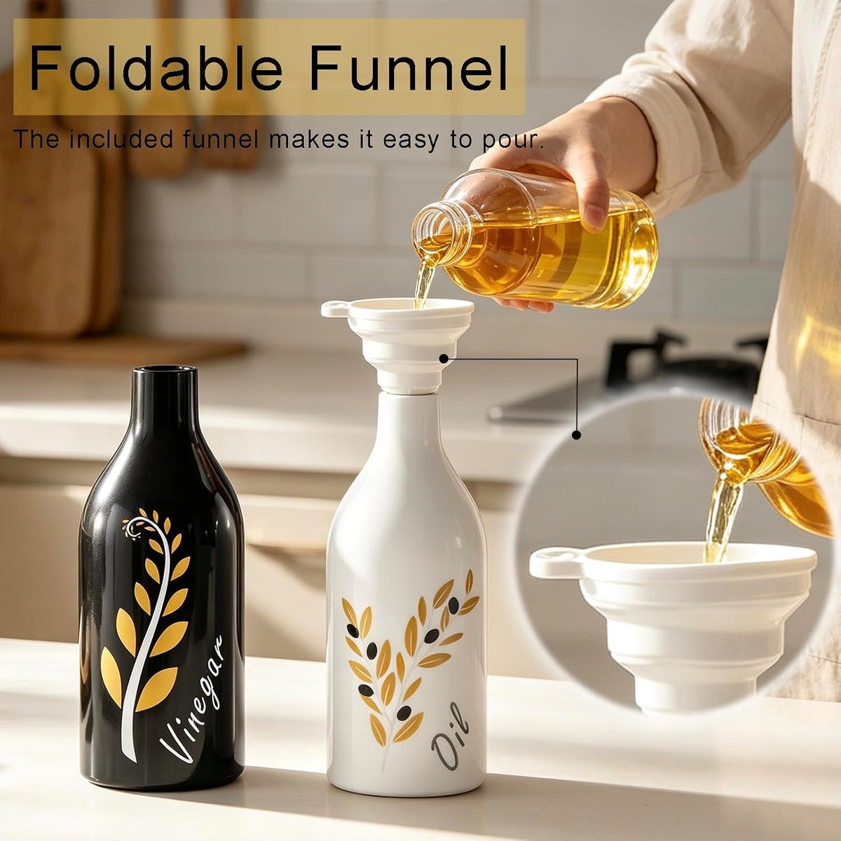 Oil and Vinegar Dispenser with Spout Set of 2, 13.5oz Olive Oil Dispenser Bottle for Kitchen Leakproof Oil Containers with Stainless Steel Pourer Suitable for Oil, Vinegar, Soy Sauce