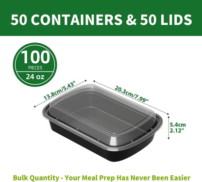 Meal Prep Containers, 50 Pack 58oz (100-Piece) Disposable Take Out Food Storage Containers with Leakproof Lids, Large Plastic To Go Lunch Boxes, BPA Free, Microwave/Dishwasher/Freezer Safe