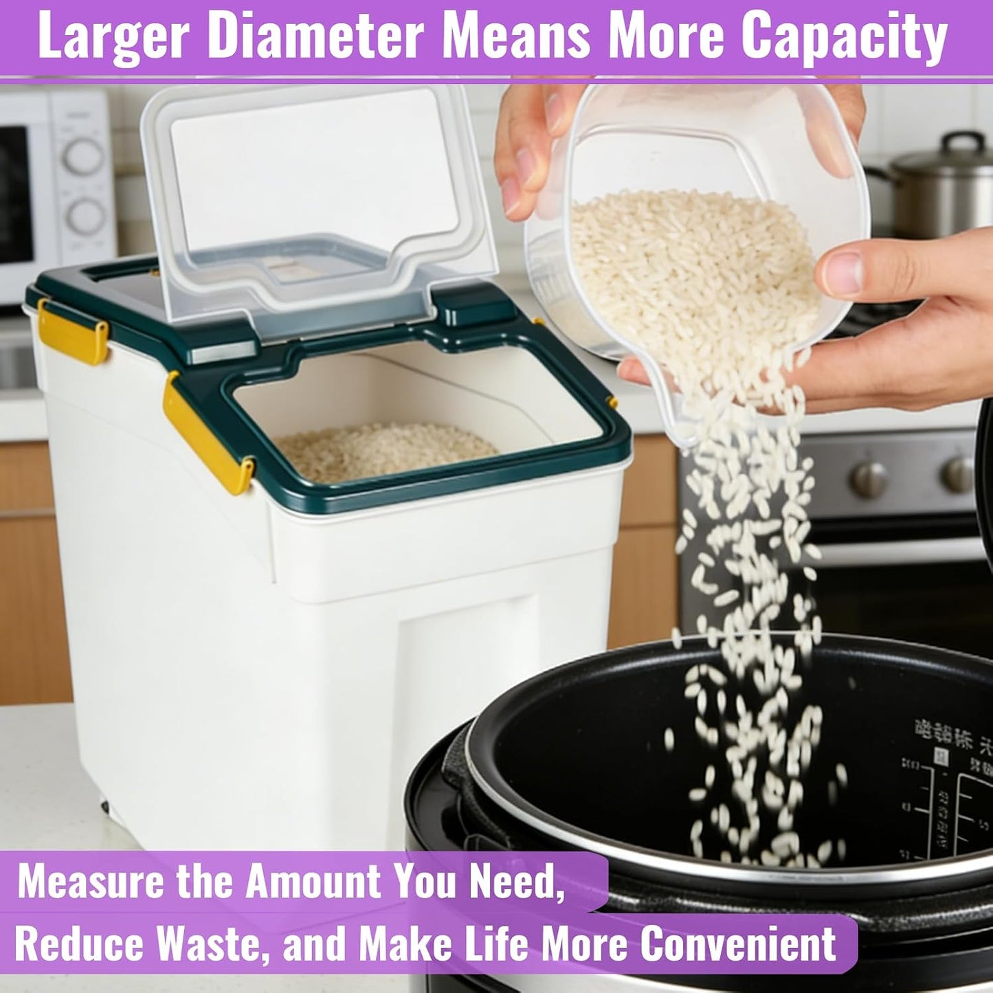 4 Pack Rice Container 25 lbs Large Bulk Flour Sugar Storage Holdhouse Plastic Grain Cereal Dry Goods Bin with Spoon and Measuring Cup for Kitchen Pantry Organization - Green